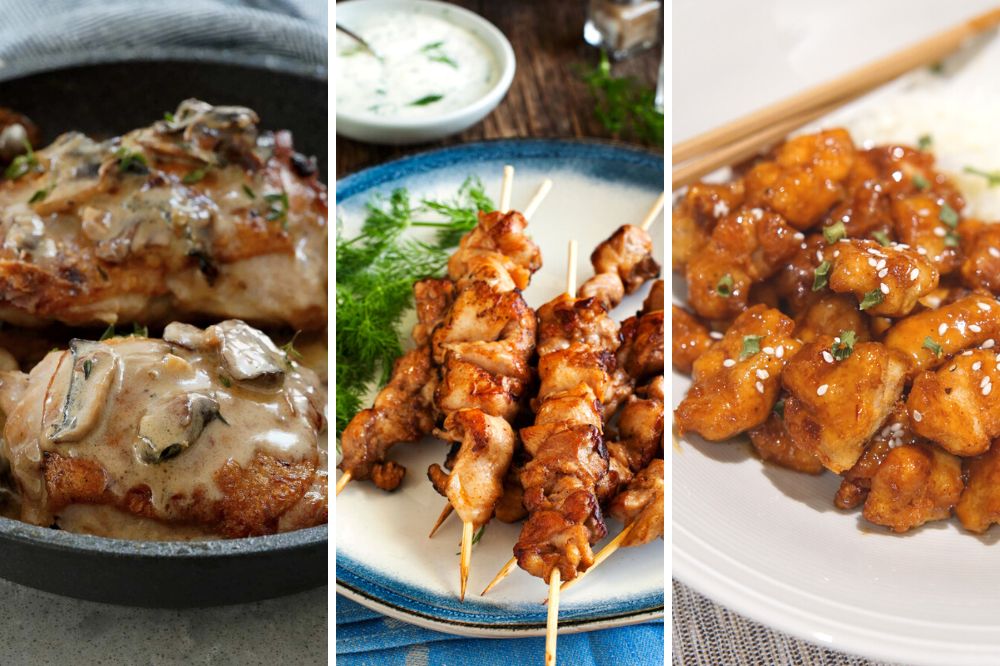 Chicken thighs in cream sauce, Mediterranean chicken skewers, and orange chicken, low carb chicken recipes