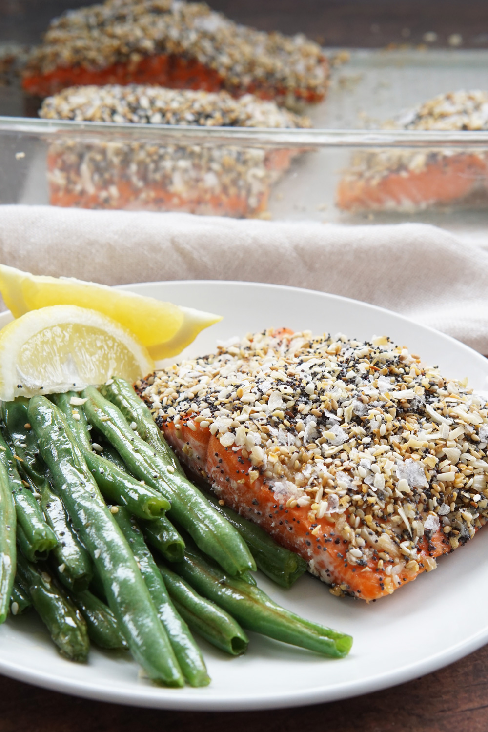 Salmon on a plate with green beans