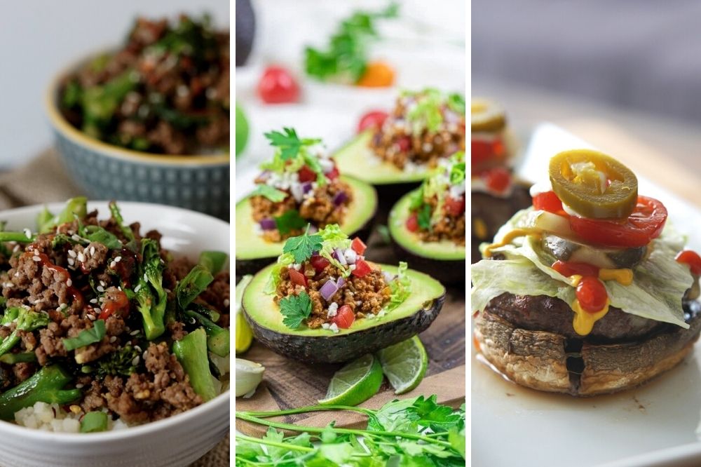 Beef and broccoli, stuffed avocados, hamburger stuffed mushrooms