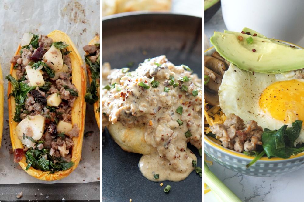 Stuffed delicata squash, biscuits and gravy, and sausage breakfast bowls