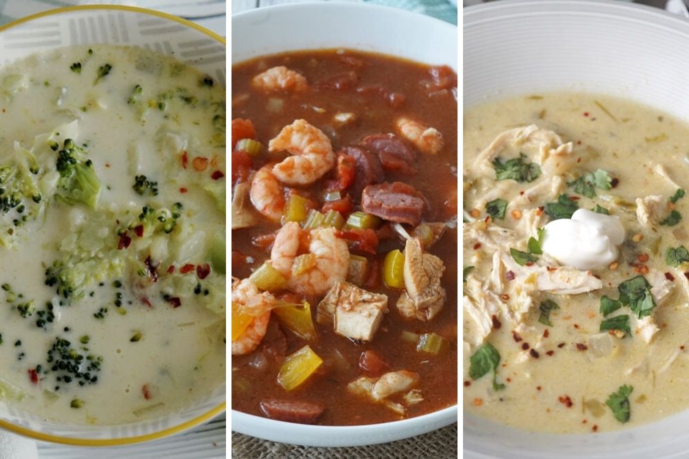 Broccoli cheese soup, keto gumbo, and chicken enchilada soup