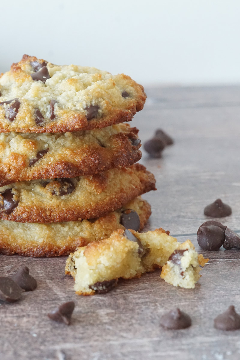 keto chocolate chip cookies in a stack