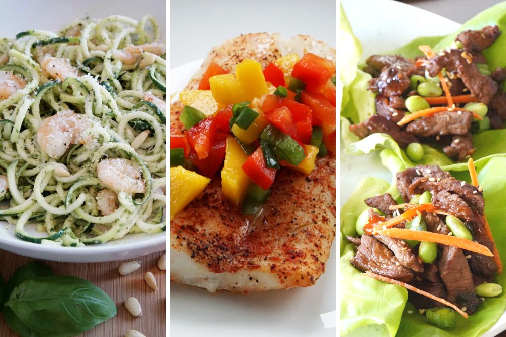 Zucchini noodles with pesto and shrimp, cod with mango salsa, and Korean beef lettuce wraps.
Light summer dinner ideas