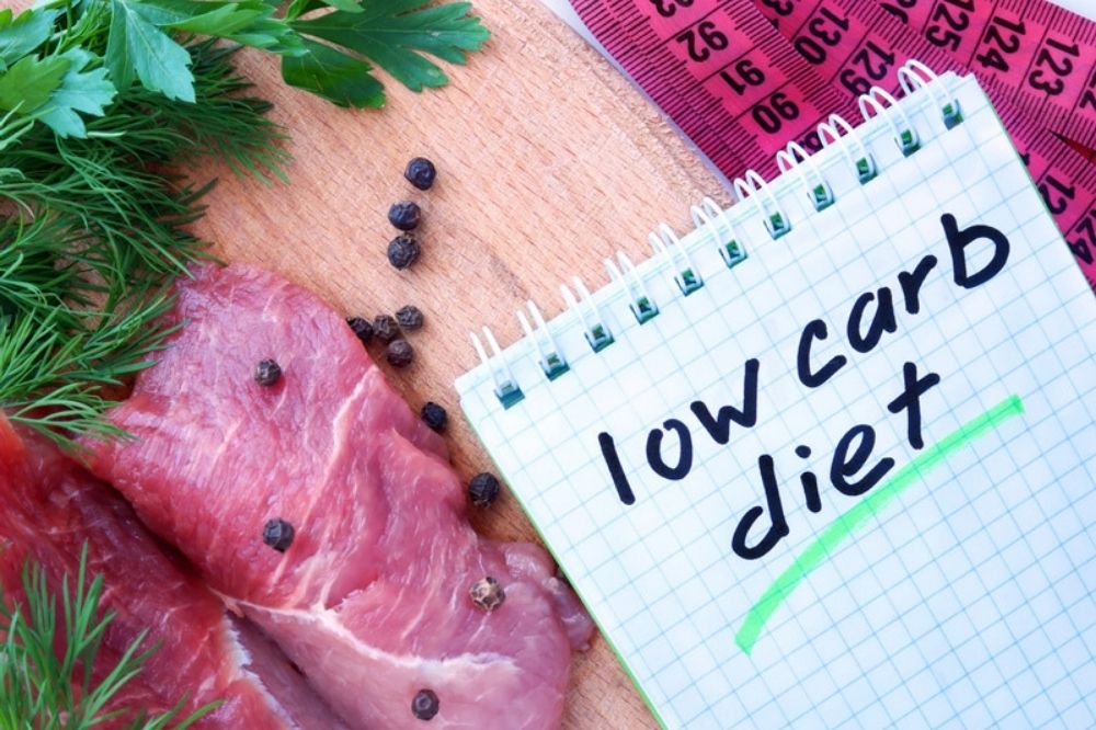 low carb diet sign, meat and a tape measure