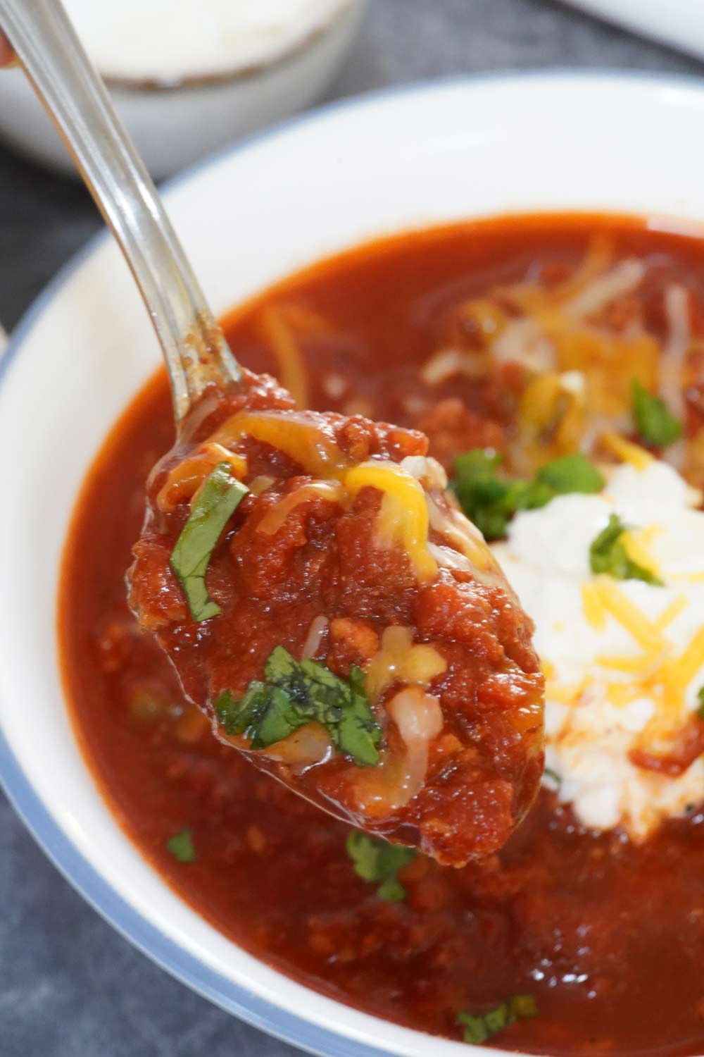 A bowl of turkey chili, low carb turkey chili