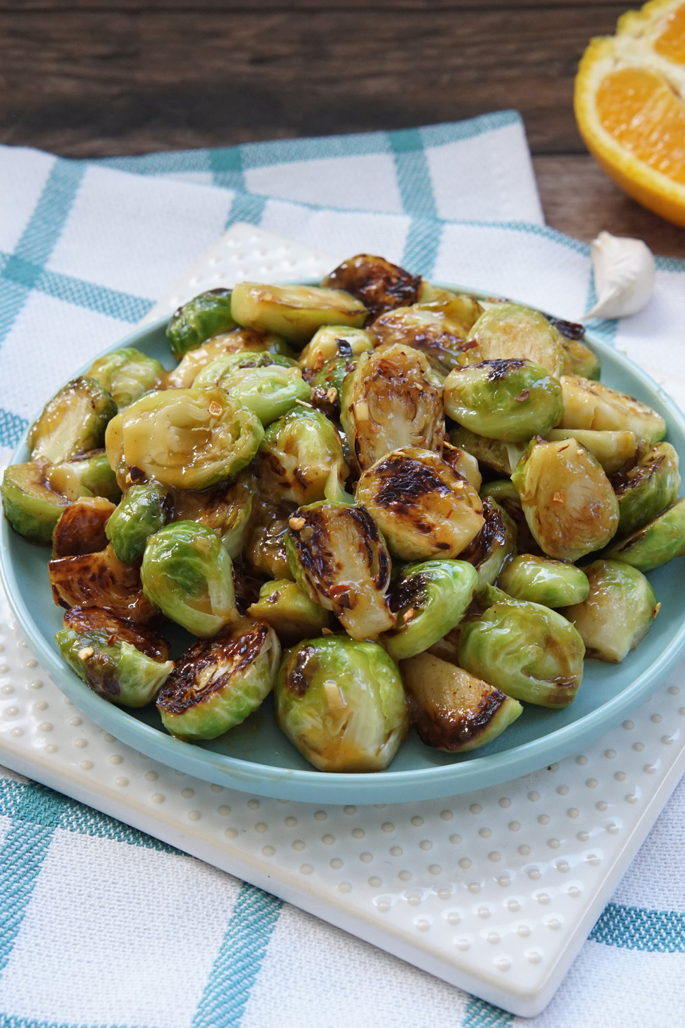 A bowl of orange sauce brussels sprouts, keto orange sauce brussels sprouts