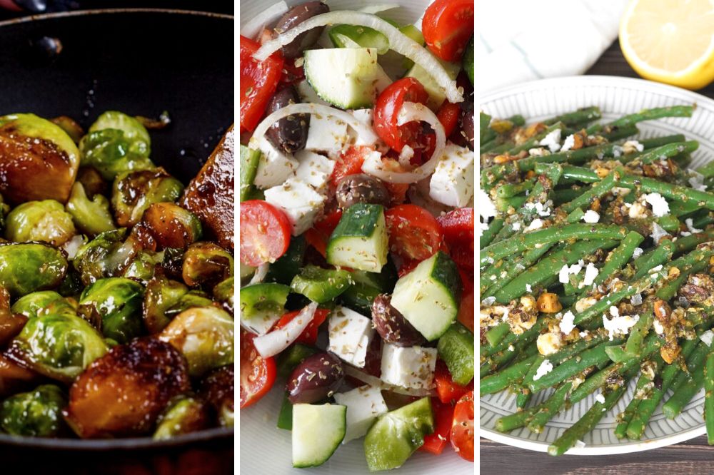 Pan fried balsamic brussels sprouts, keto Greek salad, and low carb green beans with pesto and feta.