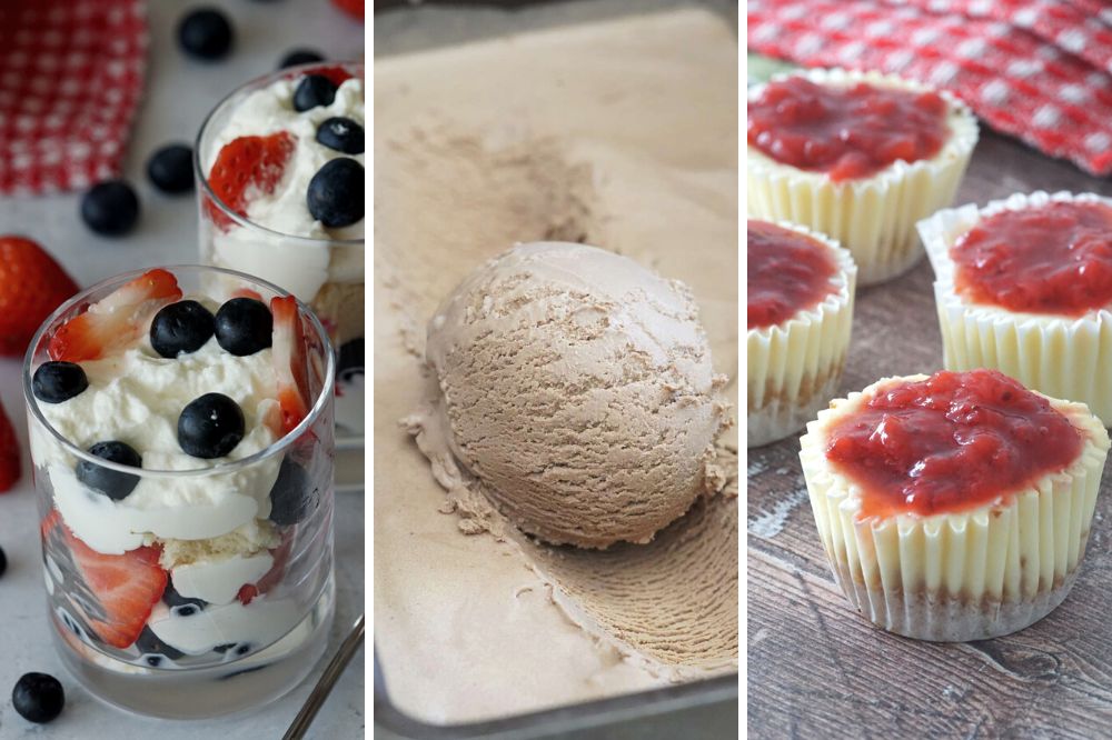 4th of July no-bake dessert, coffee ice cream, and mini strawberry cheesecakes