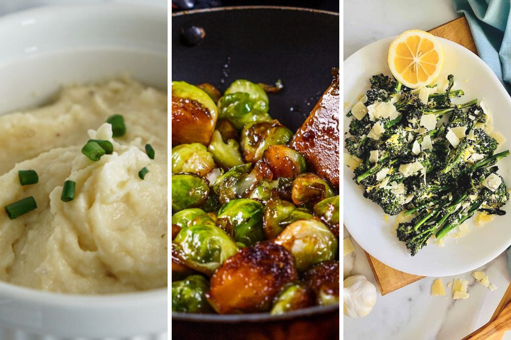 mashed cauliflower, balsamic brussels sprouts, and lemon parmesan broccolini, what to serve with meatballs